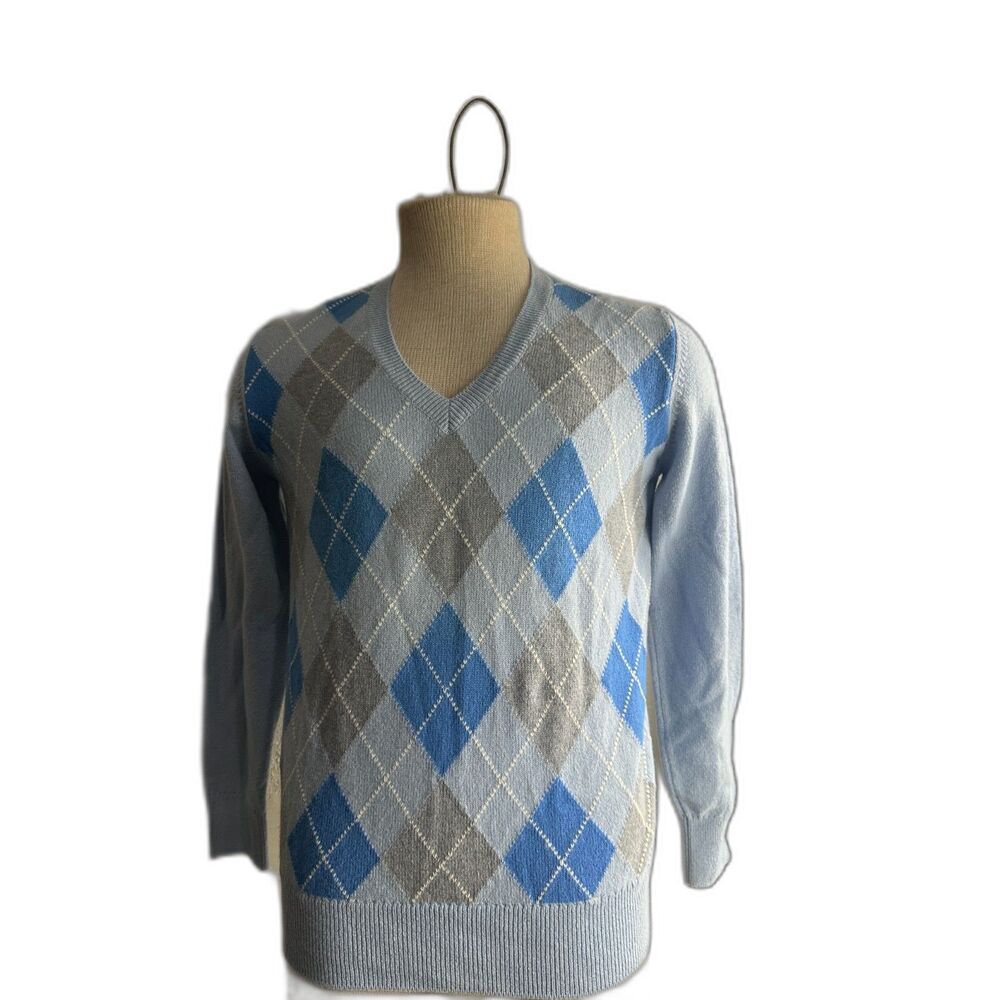 Peter Scott Scotland Pure Wool Sweater Men V Neck Sz 36 Argyle Diamond Pattern